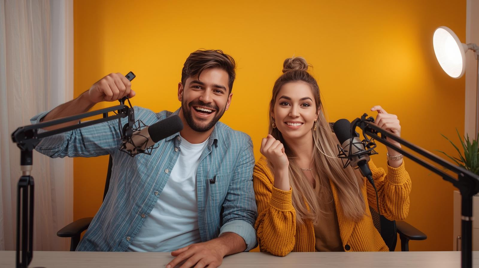 30 something guy and girl hosting an energetic podcast quality gear hq