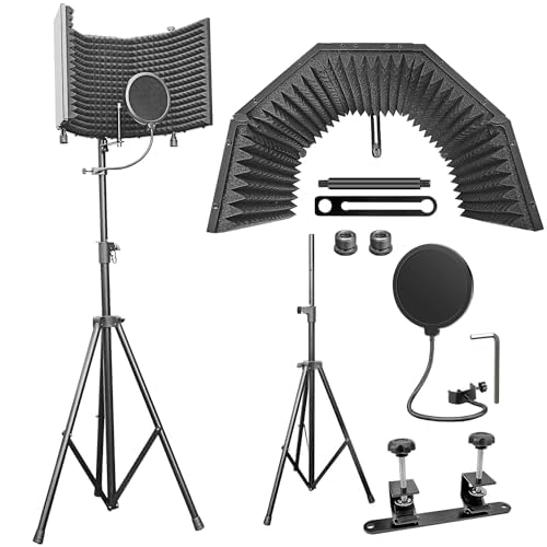 AxcessAbles Large 32x13 Recording Studio Microphone Isolation Shield w/ 3 Tier Tripod Stand and Pop Filter | Portable Sound Isolation Booth | Reflection Filter Shield | Studio Microphone Stand