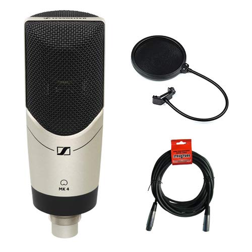 Sennheiser MK 4 Studio Condenser Microphone with Clamp On Microphone Pop Filter with 10" Arm and USB 2.0 Type A Male to Type A Female Extension Cable 3'