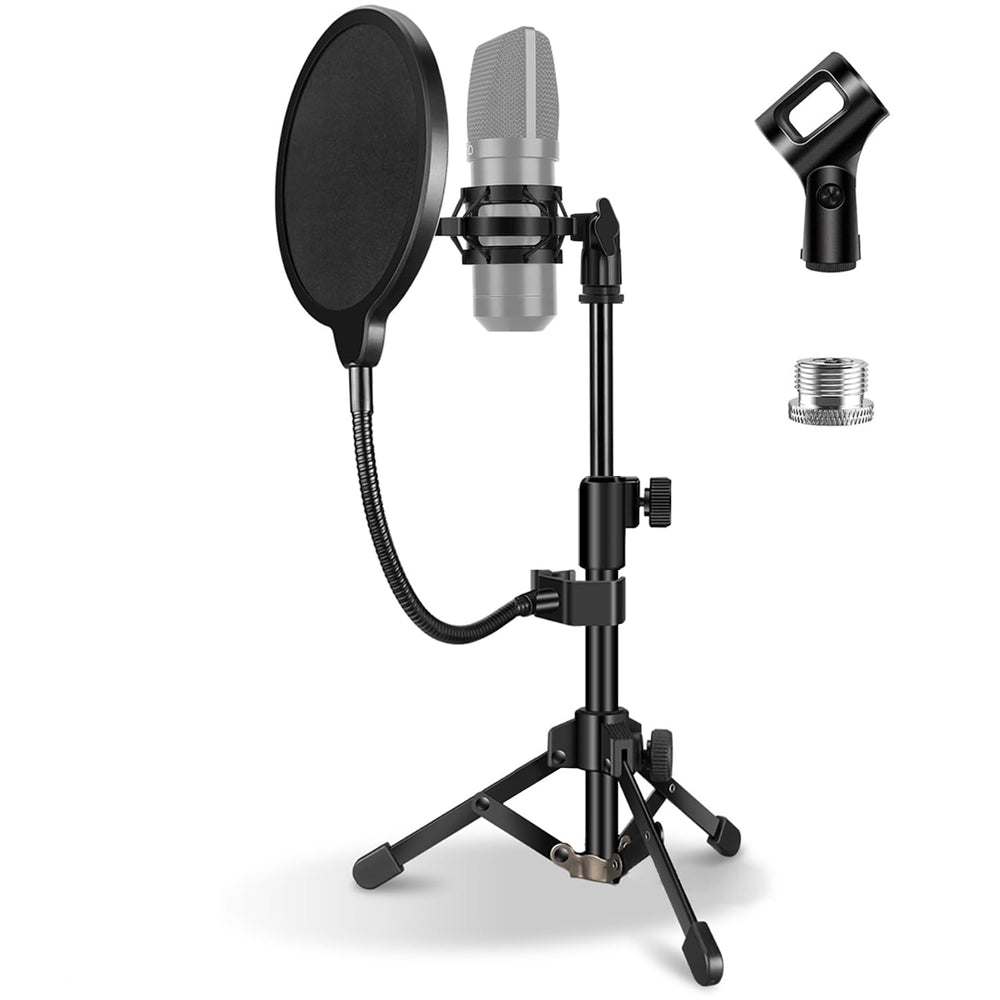 Mic Stand Desk, Table Mic Tripod Desktop Mic Stand Height Adjustable Small Microphone Stand for Desk with Pop Filter Shock Mount Mic Clip 1/4" to 5/8" Adapter for Blue Yeti Snowball