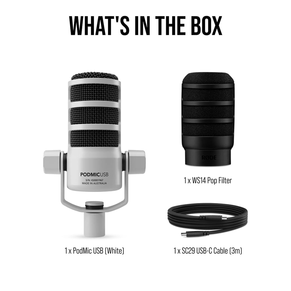 RØDE PodMic USB Dynamic Broadcast Microphone with XLR and USB Connectivity for Podcasting, Streaming and Content Creation (White)