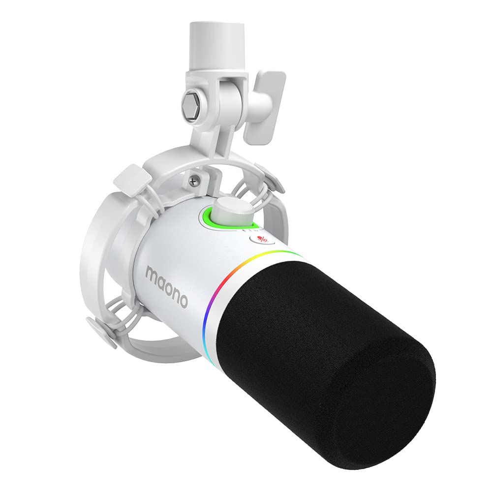 MAONO XLR/USB Dynamic Microphone, RGB Gaming Mic with Software, Mute, Gain Knob, Volume Control and Headphone Jack for Streaming, Podcasting, Recording-PD200X (White)