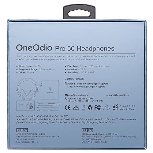 OneOdio Hi-Res Over Ear Headphones for Studio Monitoring and Mixing, Sound Isolation, Protein Leather Earcups, 50mm Driver Unit, Wired Headphones for AMP Guitar Keyboard (Pro-50 Metallic Blue)