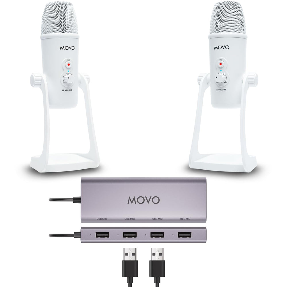 Movo USB Podcast Equipment Bundle for 2 – USB Interface with 2 UM700 Condenser Microphones – 4-Port Powered Hub for Streaming, Podcasting, Interviews (White)