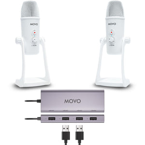 Movo USB Podcast Equipment Bundle for 2 – USB Interface with 2 UM700 Condenser Microphones – 4-Port Powered Hub for Streaming, Podcasting, Interviews (White)