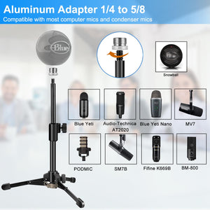 Mic Stand Desk, Table Mic Tripod Desktop Mic Stand Height Adjustable Small Microphone Stand for Desk with Pop Filter Shock Mount Mic Clip 1/4" to 5/8" Adapter for Blue Yeti Snowball