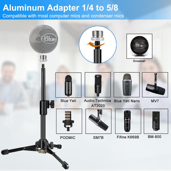 Mic Stand Desk, Table Mic Tripod Desktop Mic Stand Height Adjustable Small Microphone Stand for Desk with Pop Filter Shock Mount Mic Clip 1/4" to 5/8" Adapter for Blue Yeti Snowball