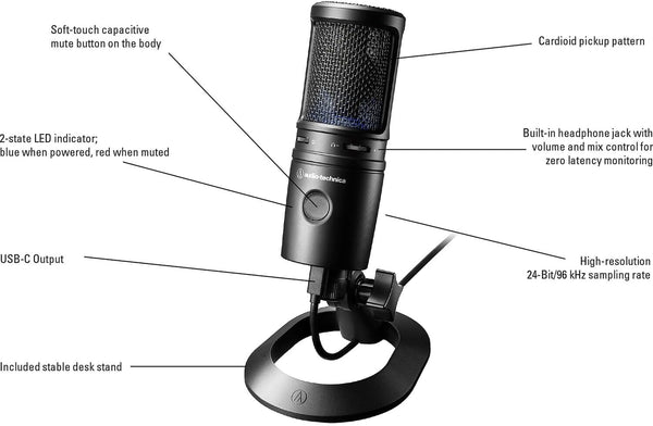 Audio-Technica AT2020USB-X Cardioid Condenser USB Microphone Bundled with Microphone Arm + Headphones + Wind Screen Pop Filter + Cleaning Cloth (5 Items)