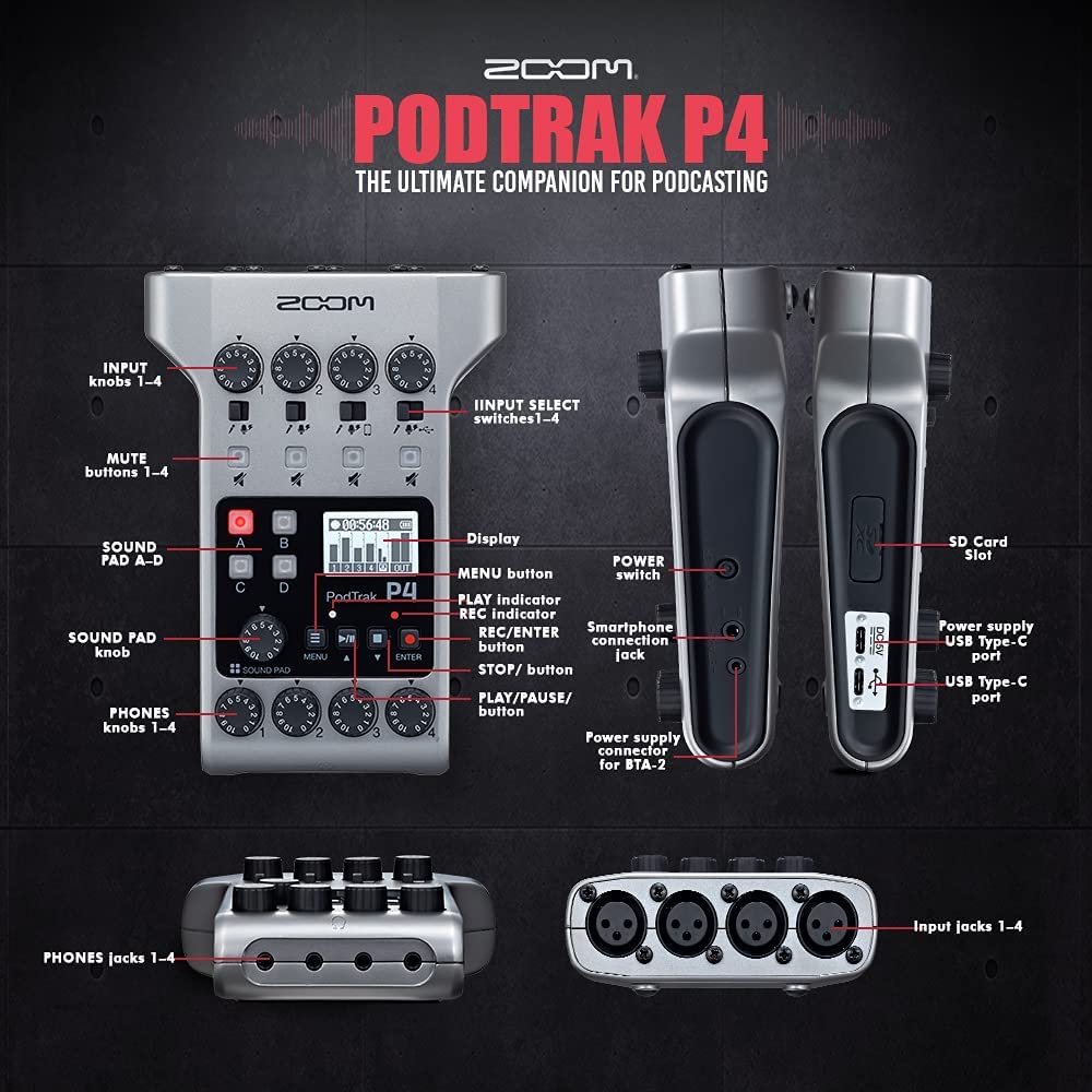 Zoom PodTrak P4 Portable Podcast Recorder with 4x Zoom ZDM-1 Podcast Microphone and Headphone Bundle, 4x AA Batteries, 32GB SD Card, USB-C to USB-C Cable and StreamEye Polishing Cloth