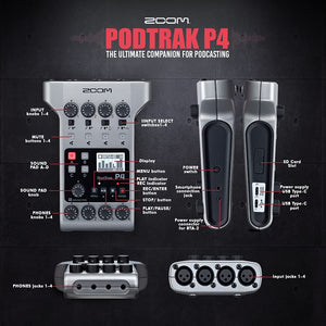 Zoom PodTrak P4 Portable Podcast Recorder with 4x Zoom ZDM-1 Podcast Microphone and Headphone Bundle, 4x AA Batteries, 32GB SD Card, USB-C to USB-C Cable and StreamEye Polishing Cloth