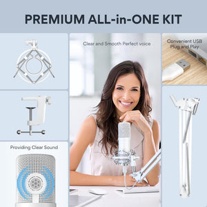 MAONO USB Microphone, 192kHz/24bit Plug & Play PC Computer Podcast Condenser Cardioid Metal Mic Kit with Professional Sound Chipset for Recording, Gaming, Singing, YouTube, AU-A04 White