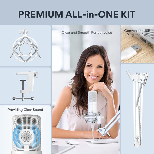 MAONO USB Microphone, 192kHz/24bit Plug & Play PC Computer Podcast Condenser Cardioid Metal Mic Kit with Professional Sound Chipset for Recording, Gaming, Singing, YouTube, AU-A04 White