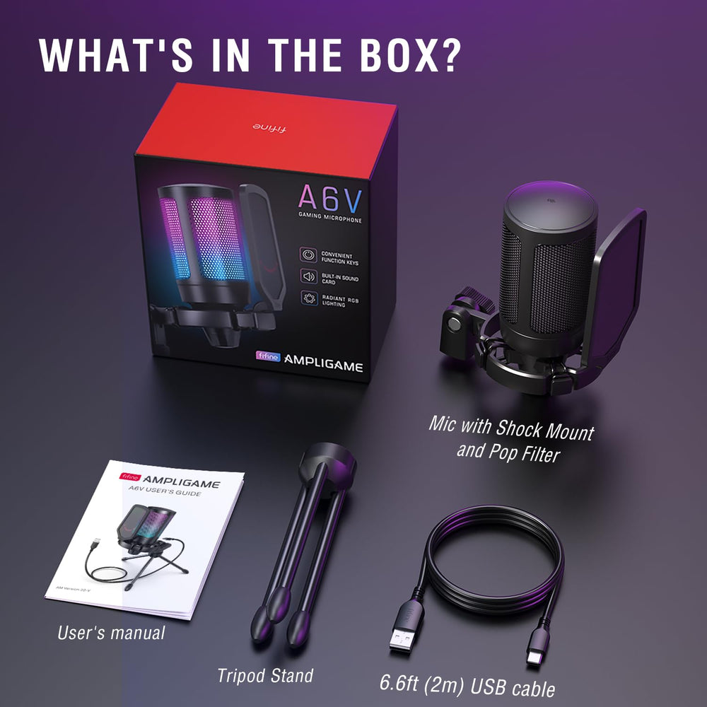 FIFINE Gaming USB Microphone for PC PS5, Condenser Mic with Quick Mute, RGB Indicator, Tripod Stand, Pop Filter, Shock Mount, Gain Control for Streaming Discord Twitch Podcasts Videos- AmpliGame
