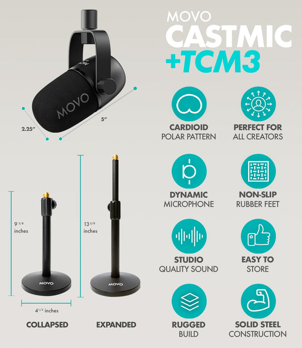 Movo Portable Podcast Equipment Bundle for iPhone/Android Phones- Podcast Kit with Audio Interface, 2 CastMic Dynamic Mics, 2 Table Stands - For Smartphones, Computers, PC, Mac - Lightning, USB, USB-C