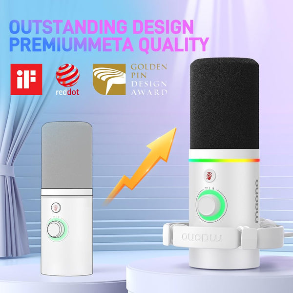 MAONO XLR/USB Dynamic Microphone, RGB Gaming Mic with Software, Mute, Gain Knob, Volume Control and Headphone Jack for Streaming, Podcasting, Recording-PD200X (White)