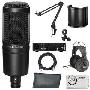 Audio-Technica AT2020 Cardioid Condenser Microphone Bundle with Studio Headphones + XLR Cable + Pop Filter + Arturia MiniFuse 1 Audio Interface + Mic Arm + Cleaning Cloth (7 Items)