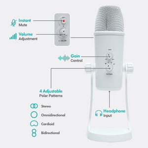 Movo USB Podcast Equipment Bundle for 2 – USB Interface with 2 UM700 Condenser Microphones – 4-Port Powered Hub for Streaming, Podcasting, Interviews (White)