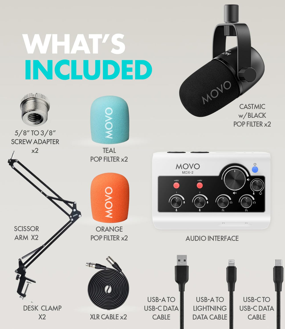 Movo Portable Podcast Equipment Bundle for iPhone/Android Phones- Podcast Kit with Audio Interface, 2 CastMic Dynamic Mics, 2 Boom Arms - for Smartphones, Computers, PC, Mac - Lightning, USB, USB-C