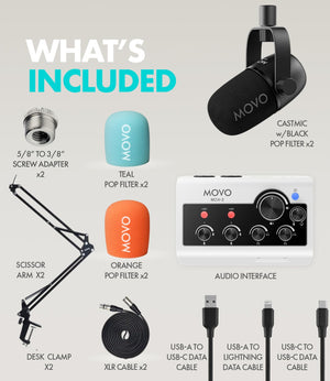 Movo Portable Podcast Equipment Bundle for iPhone/Android Phones- Podcast Kit with Audio Interface, 2 CastMic Dynamic Mics, 2 Boom Arms - for Smartphones, Computers, PC, Mac - Lightning, USB, USB-C