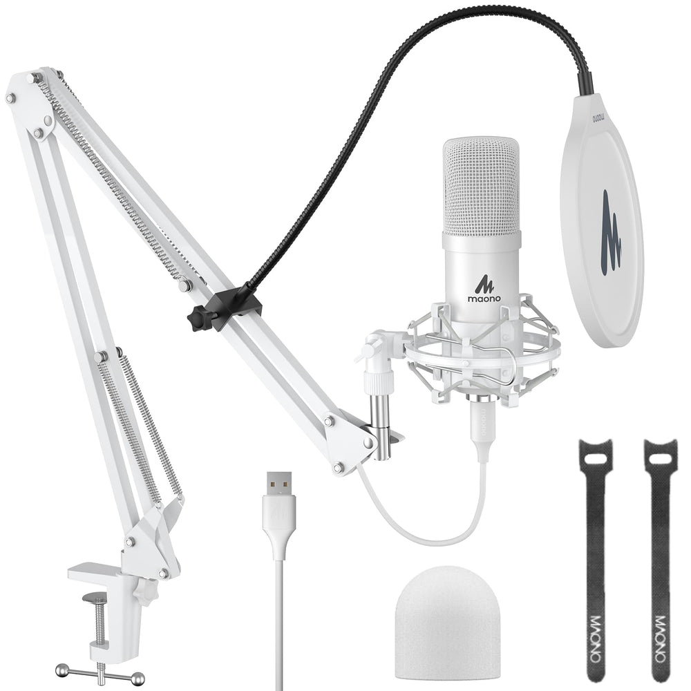 MAONO USB Microphone, 192kHz/24bit Plug & Play PC Computer Podcast Condenser Cardioid Metal Mic Kit with Professional Sound Chipset for Recording, Gaming, Singing, YouTube, AU-A04 White