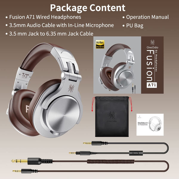 OneOdio A71 Hi-Res Studio Recording Headphones - Wired Over Ear Headphones with SharePort, Monitoring Mixing Foldable Headset with Stereo Sound, 3.5/6.35MM Jack for PC Computer DJ Guitar-Silver