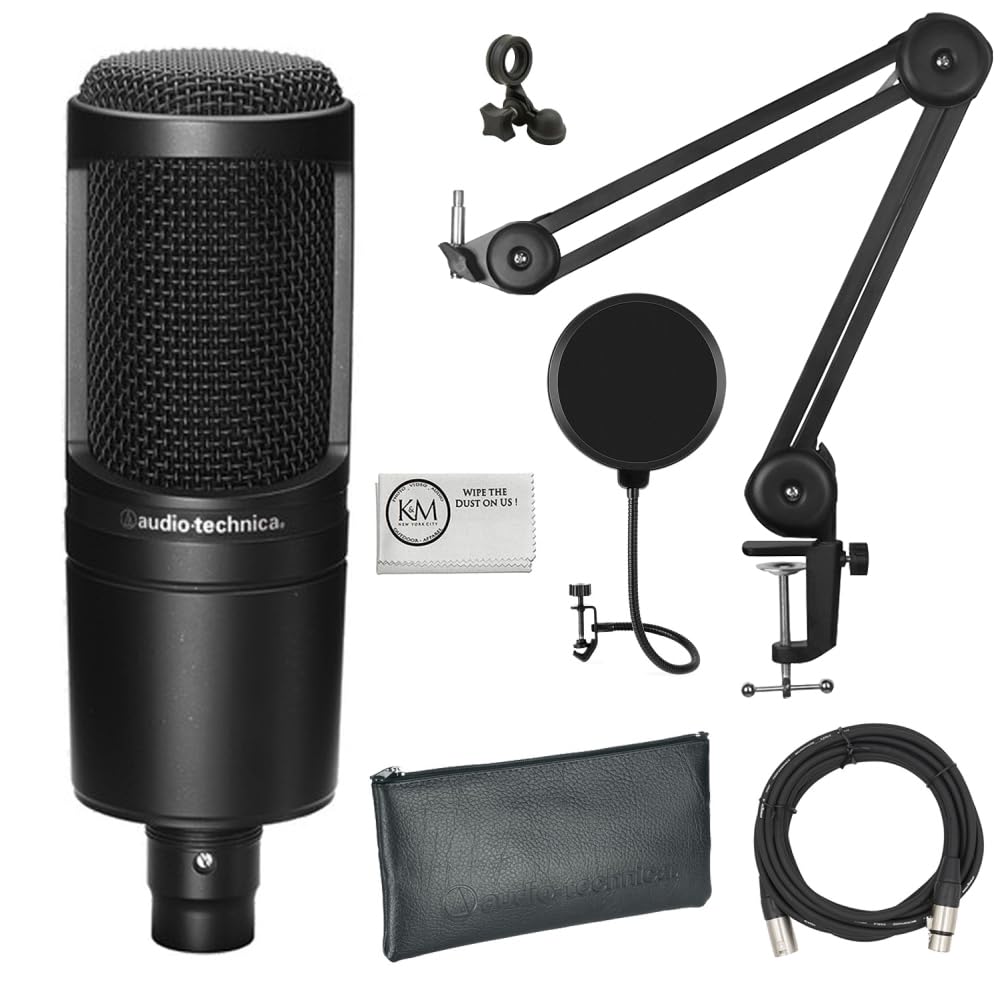 Audio-Technica AT2020 Cardioid Condenser Microphone Bundle with XLR Cable + Microphone Arm + Pop Filter + Cleaning Cloth (5 Items)