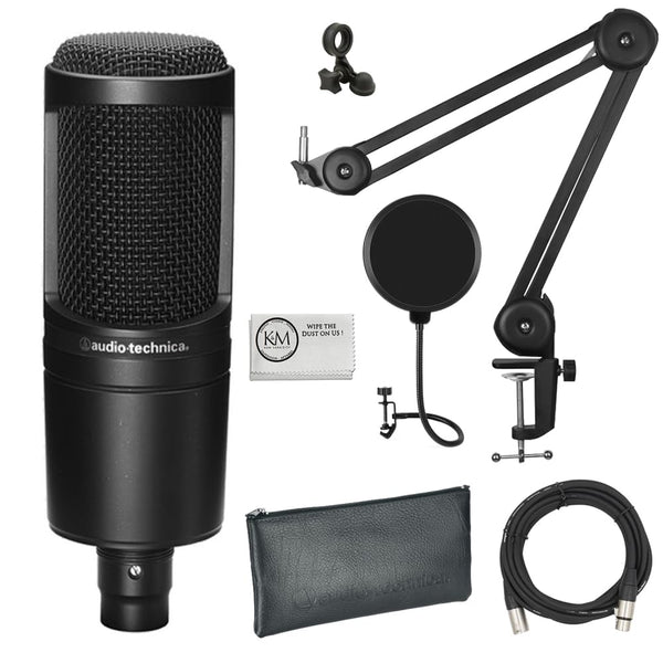 Audio-Technica AT2020 Cardioid Condenser Microphone Bundle with XLR Cable + Microphone Arm + Pop Filter + Cleaning Cloth (5 Items)