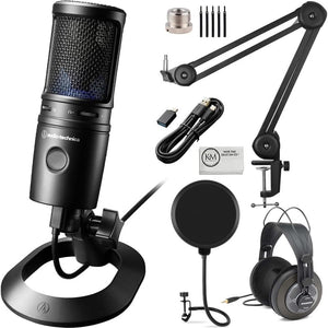Audio-Technica AT2020USB-X Cardioid Condenser USB Microphone Bundled with Microphone Arm + Headphones + Wind Screen Pop Filter + Cleaning Cloth (5 Items)