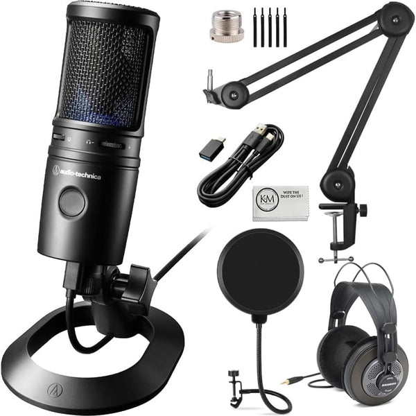 Audio-Technica AT2020USB-X Cardioid Condenser USB Microphone Bundled with Microphone Arm + Headphones + Wind Screen Pop Filter + Cleaning Cloth (5 Items)