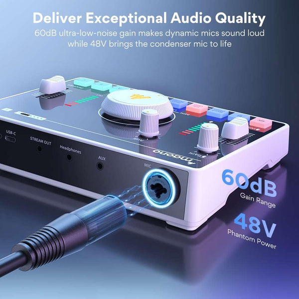 MAONO Streaming Audio Mixer, Audio Interface with Pro-preamp, Bluetooth, Built-in Battery, Noise Cancellation, 48V Phantom Power for Live Streaming, Podcasting, Gaming MaonoCaster AMC2 NEO White