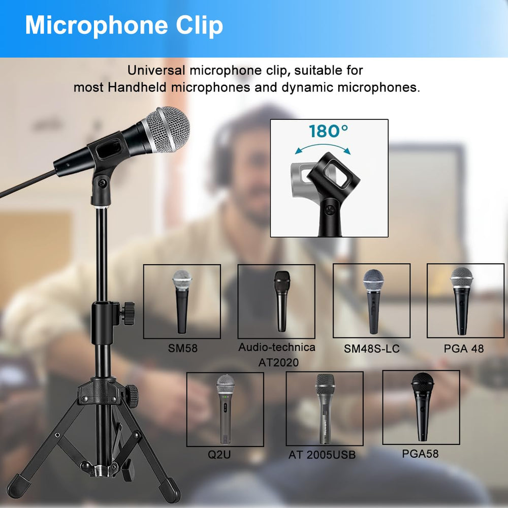 Mic Stand Desk, Table Mic Tripod Desktop Mic Stand Height Adjustable Small Microphone Stand for Desk with Pop Filter Shock Mount Mic Clip 1/4" to 5/8" Adapter for Blue Yeti Snowball