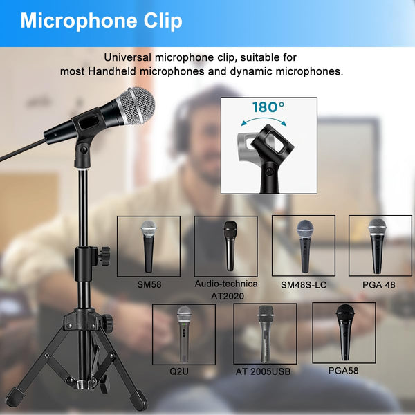 Mic Stand Desk, Table Mic Tripod Desktop Mic Stand Height Adjustable Small Microphone Stand for Desk with Pop Filter Shock Mount Mic Clip 1/4" to 5/8" Adapter for Blue Yeti Snowball