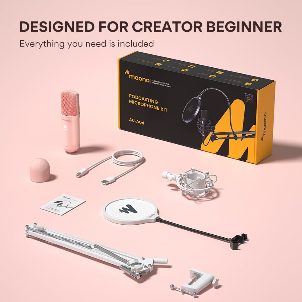 MAONO USB Microphone, 192kHz/24bit Plug & Play PC Computer Podcast Condenser Cardioid Metal Mic Kit with Professional Sound Chipset for Recording, Gaming, Singing, YouTube, AU-A04 Pink