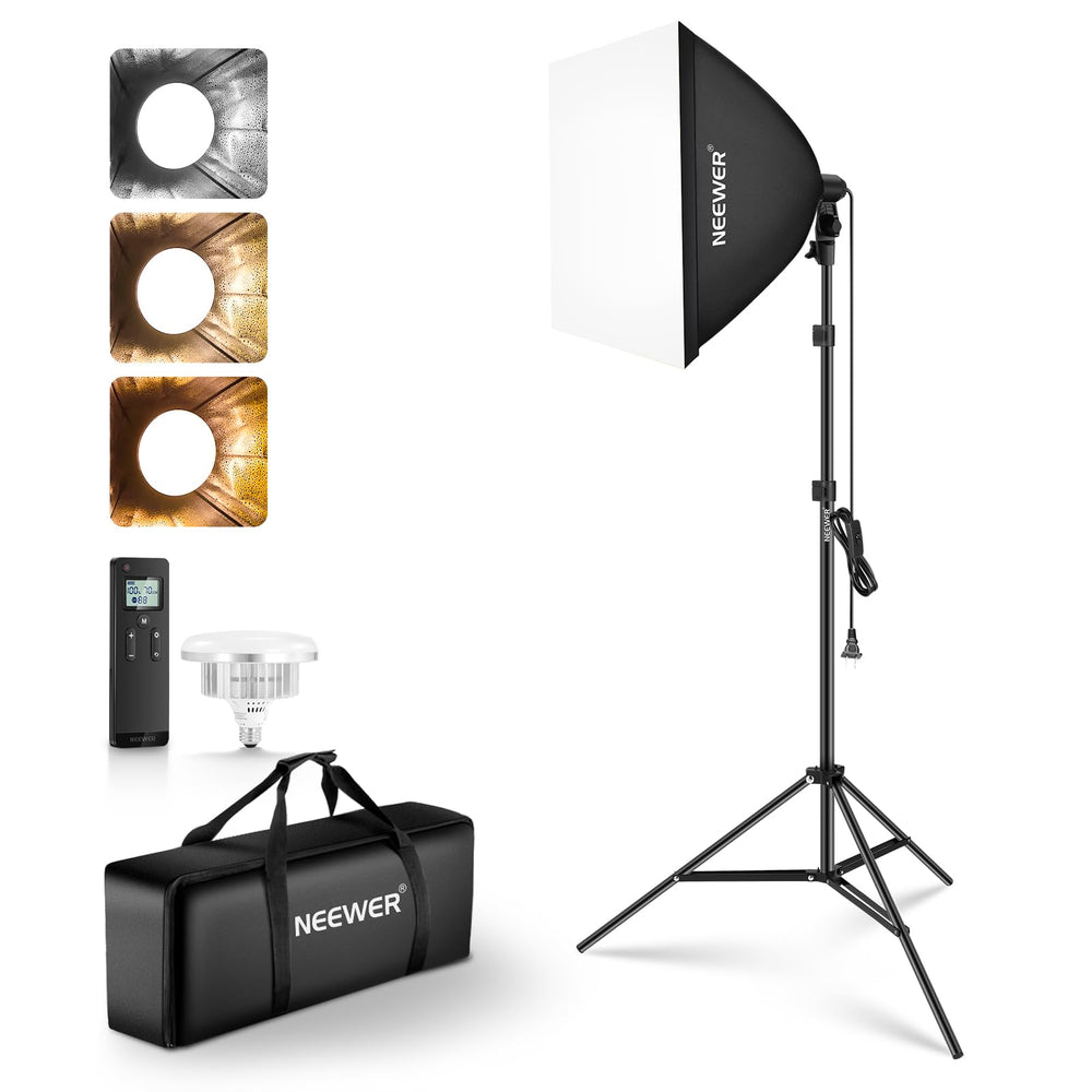 NEEWER 24"x24" Softbox Lighting Kit with Tripod Stand, 45W Bi Color 2.4G LED Bulb, 66' Remote Control 10 Channels 2900K-7000K 1400lx/1m CRI95 Studio Photography Video Recording Continuous Light, NK104