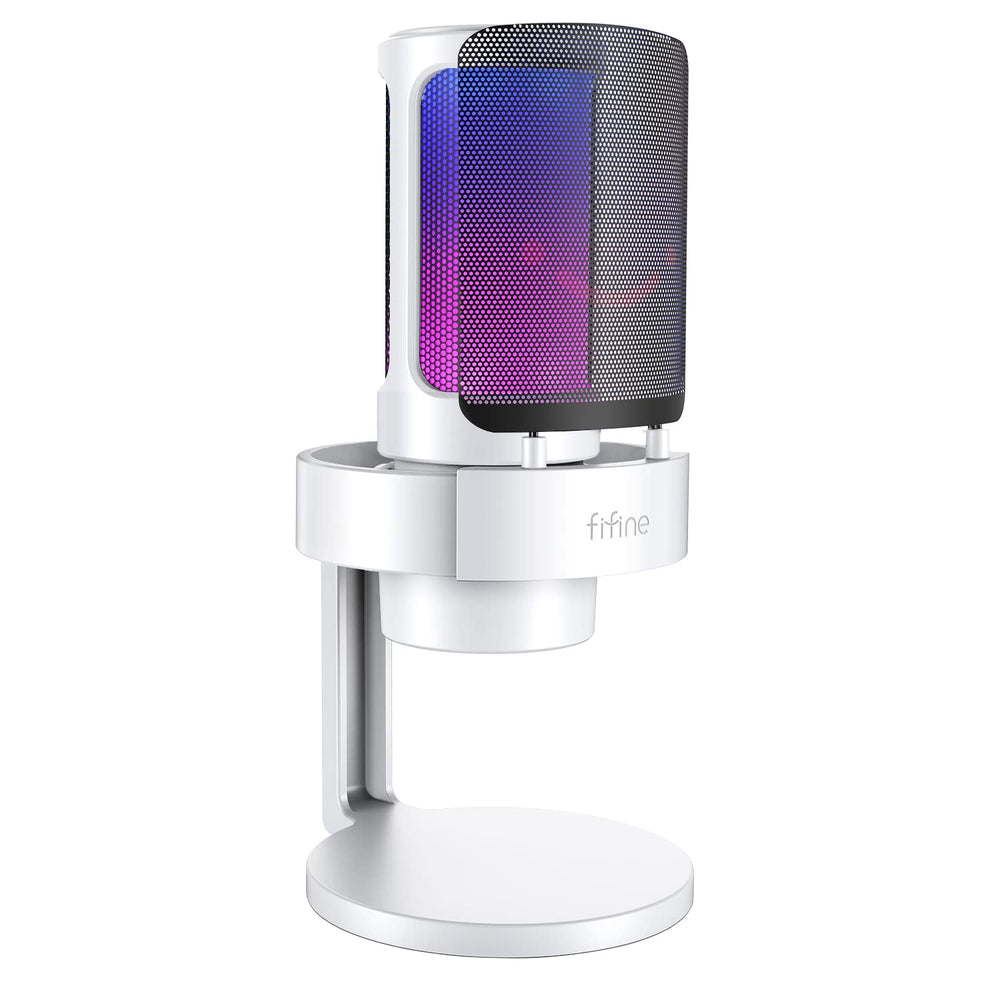 FIFINE Gaming USB PC Computer RGB Microphone for Live Streaming, Meeting, Podcasting, Video, Condenser Mic with Monitoring Headphone Jack, Light Control, for MAC OS/Windows-AmpliGame A8 White