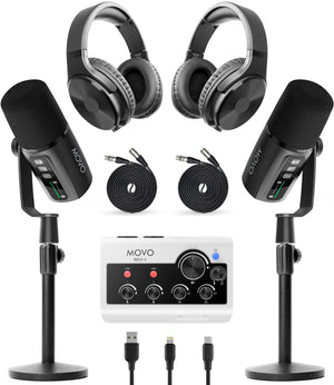 Movo Podcast Equipment Bundle for iPhone & Android – Professional Podcast Studio Kit with Audio Interface, 2 Dynamic Mics, 2 Headphones, and Table Stands – Compatible with Smartphones, PC, and Mac