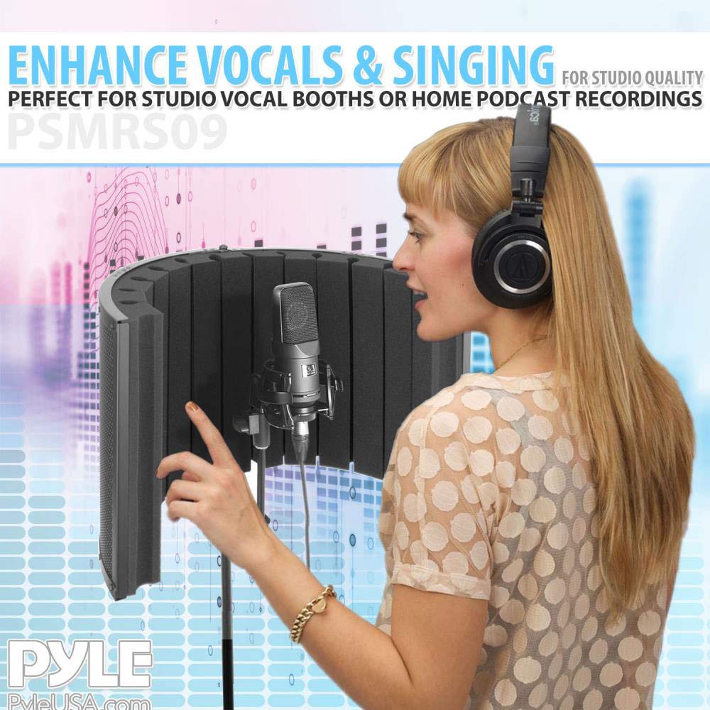 PyleUsa Mini Portable Vocal Recording Booth - Use with Standard Microphone,Isolation Noise Filter Reflection Shield for Studio Quality Audio - Dual Acoustic Foam Soundproof Panel PSMRS09 Black