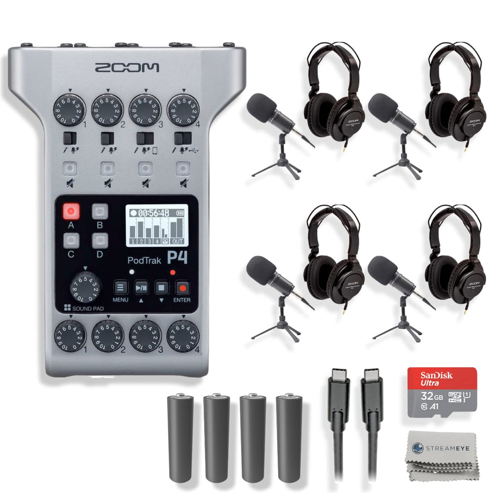 Zoom PodTrak P4 Portable Podcast Recorder with 4x Zoom ZDM-1 Podcast Microphone and Headphone Bundle, 4x AA Batteries, 32GB SD Card, USB-C to USB-C Cable and StreamEye Polishing Cloth