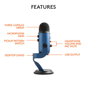 Logitech Creators Blue Yeti USB Microphone for Gaming, Streaming, Podcast, YouTube, Discord, PC, Studio Sound, Plug & Play-Midnight Blue
