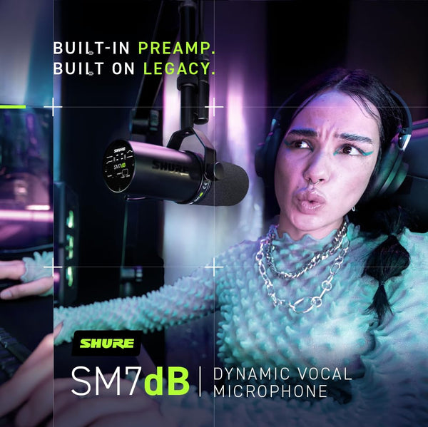 Shure SM7dB Dynamic Vocal Microphone w/Built-in Preamp for Streaming, Podcast, & Recording, Wide-Range Frequency, Warm & Smooth Sound, Rugged Construction, Detachable Windscreen - Black