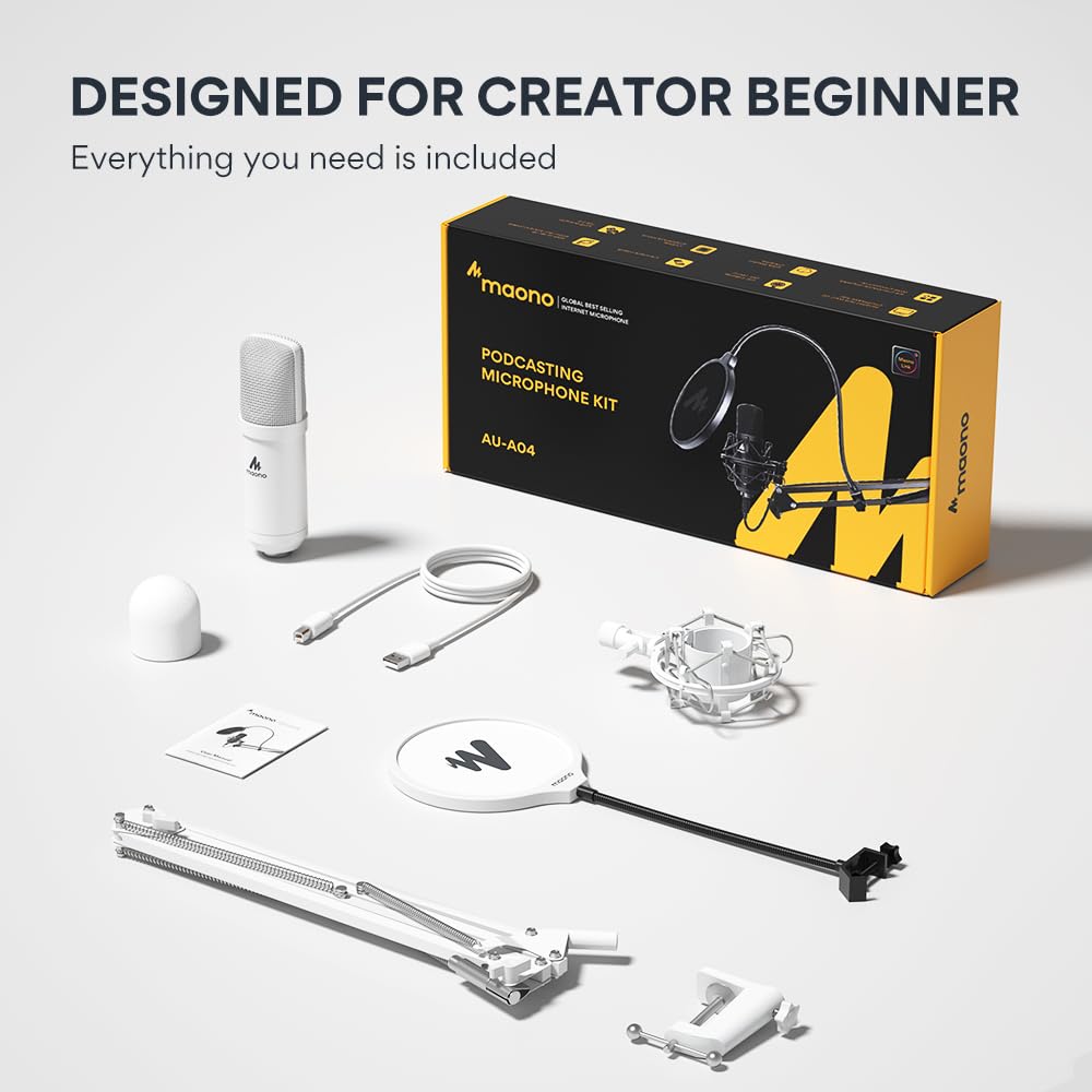 MAONO USB Microphone, 192kHz/24bit Plug & Play PC Computer Podcast Condenser Cardioid Metal Mic Kit with Professional Sound Chipset for Recording, Gaming, Singing, YouTube, AU-A04 White