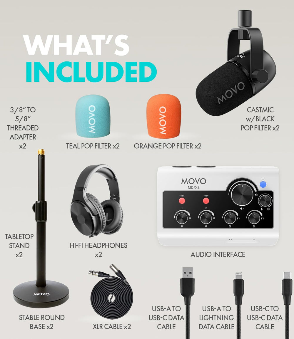 Movo Portable Podcast Equipment Bundle for iPhone/Android Phones- Podcast Kit with Audio Interface, 2 CastMic Dynamic Mics, 2 Table Stands - For Smartphones, Computers, PC, Mac - Lightning, USB, USB-C
