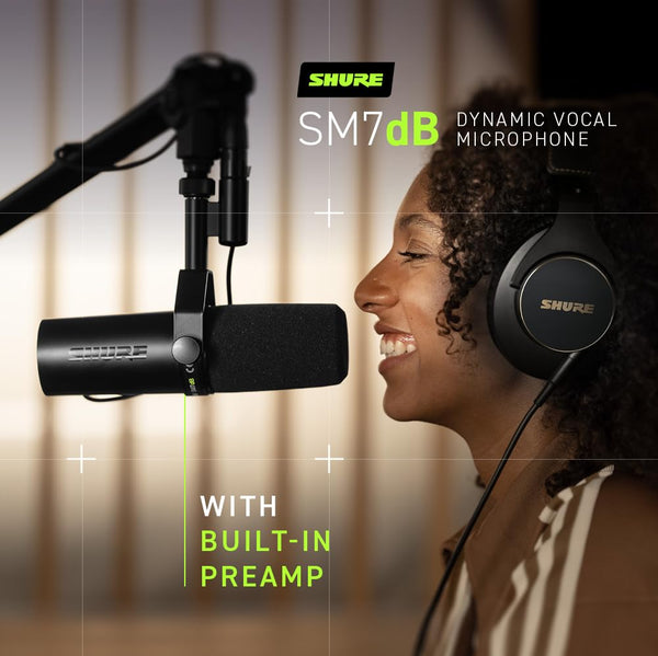 Shure SM7dB Dynamic Vocal Microphone w/Built-in Preamp for Streaming, Podcast, & Recording, Wide-Range Frequency, Warm & Smooth Sound, Rugged Construction, Detachable Windscreen - Black