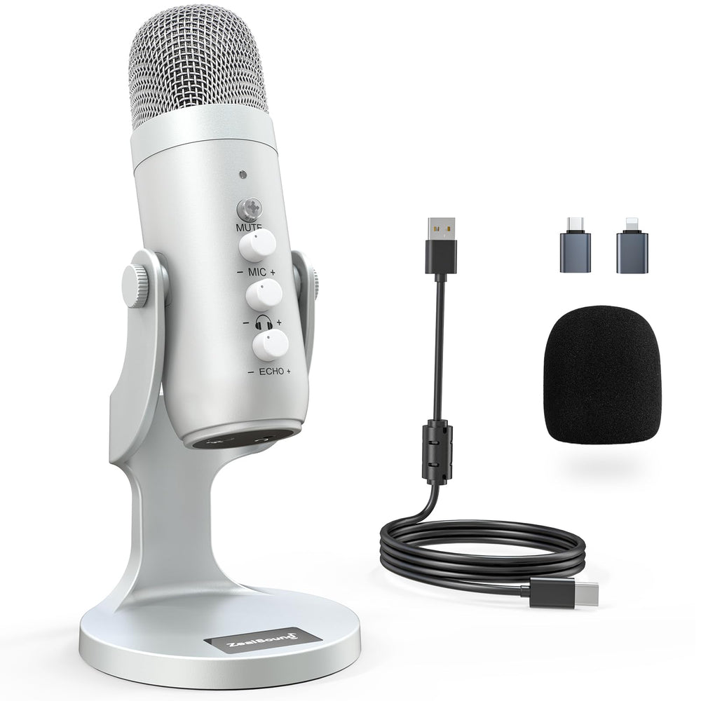 ZealSound USB Microphone,Condenser Computer PC Mic,Plug&Play Gaming Microphones for PS 4&5.Headphone Output&Volume Control,Mic Gain Control,Mute Button Vocal,YouTube Podcast on Mac&Windows(Silver)