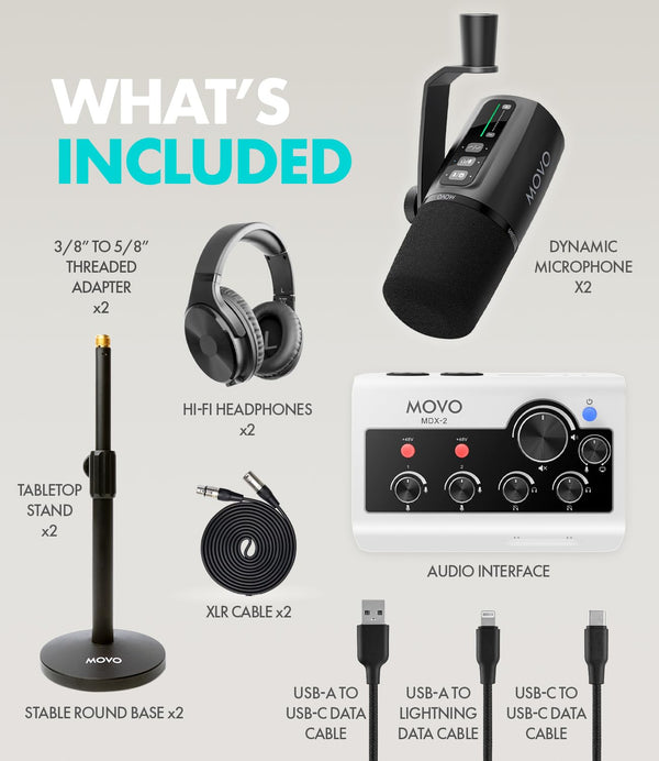 Movo Podcast Equipment Bundle for iPhone & Android – Professional Podcast Studio Kit with Audio Interface, 2 Dynamic Mics, 2 Headphones, and Table Stands – Compatible with Smartphones, PC, and Mac