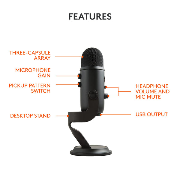 Logitech Creators Blue Yeti USB Microphone for Gaming, Streaming, Podcast, YouTube, Discord, PC, Studio Sound, Plug & Play-Blackout