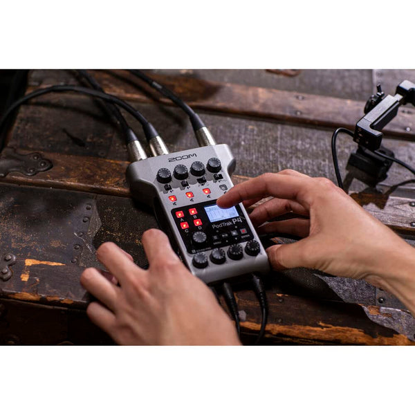Zoom PodTrak P4 Portable Podcast Recorder with 4x Zoom ZDM-1 Podcast Microphone and Headphone Bundle, 4x AA Batteries, 32GB SD Card, USB-C to USB-C Cable and StreamEye Polishing Cloth