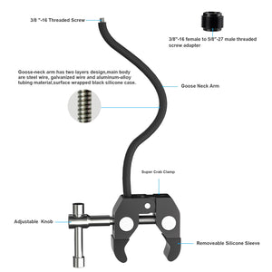 Mippko Gooseneck Microphone Stand,19.69" Flexible Adjustable Arm Super Crab Clamp Mic Clip 3/8"-16 to 5/8"-27 Adapter Mount,Compatible with Shure/Fifine / AT2020 / Pyle/Blue Snowball/Razer