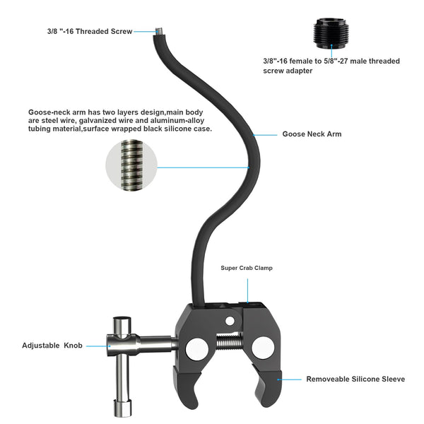 Mippko Gooseneck Microphone Stand,19.69" Flexible Adjustable Arm Super Crab Clamp Mic Clip 3/8"-16 to 5/8"-27 Adapter Mount,Compatible with Shure/Fifine / AT2020 / Pyle/Blue Snowball/Razer