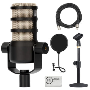 Rode PodMic Dynamic Podcasting Microphone | Black Bundle with Pop Filter + Desktop Microphone Stand + XLR Cable + Cleaning Cloth (5 Item)